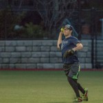 Brant prepares to throw a ball in from the outfield.